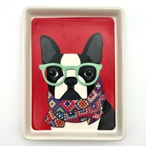 Magenta Ceramic Frenchie Dog Wearing Glasses and Scarf Plate